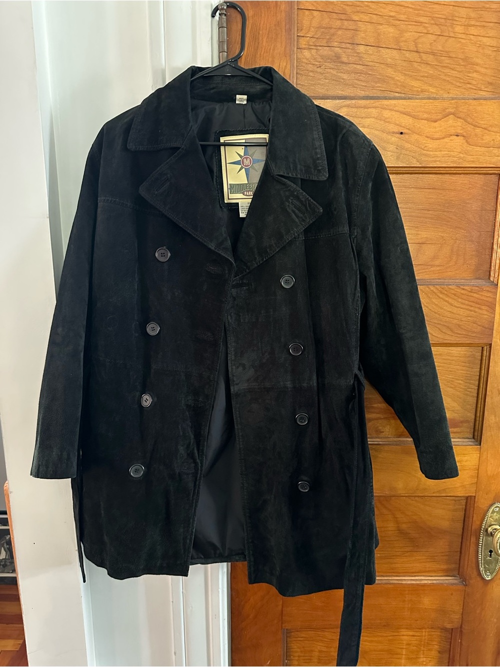 Black Suede/leather Double-Breasted Coat